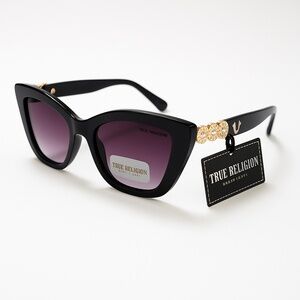 NWT True Religion Cat Eye Sunglasses Black Gold Logo Studs Rhinestone Gradient